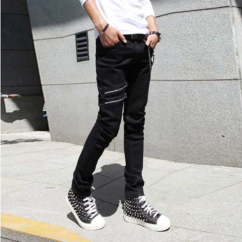 Gothic Mens Punk Black Zipper Cool Pants Slim Fit Skinny Trousers