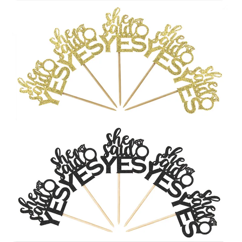 

12pcs Gold And Black She Said Yes Cupcake Topper Bridal Shower Wedding Party Bride To Be Cupcake Decor Free Shipping
