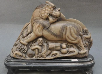 

13"Old Chinese Shoushan Stone Carved Arhat Dharma Pixiu Beast Money Lucky Statue
