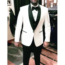 White Wedding Groom Tuxedos 2017 Black Shawl Lapel Men Suits Three Piece Custom Made Suit New Arrival (Jacket + Vest + Pants)