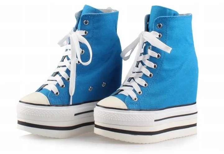 

2017 fashion women high heels platform wedge shoes high top lace up height increasing canvas white women's casual ladies shoes