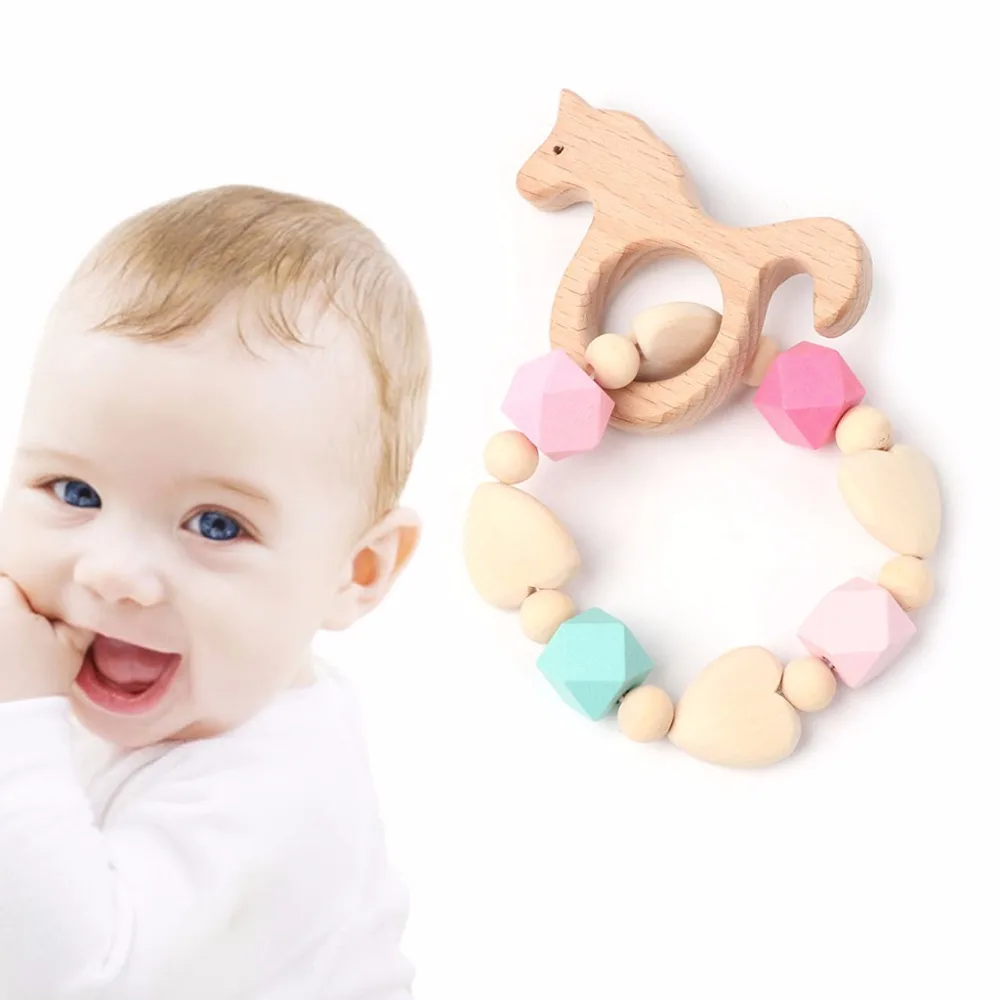 OOTDTY Baby Teether Unicorn Wooden Teething Bracelet Nursing Chew Grind