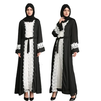 

Dubai Abaya Classic Lace Side Patchwork Chiffon Gown Muslim Open Front Cardigan Black Abaya Jilbab Vintage Long Sleeve Dresses
