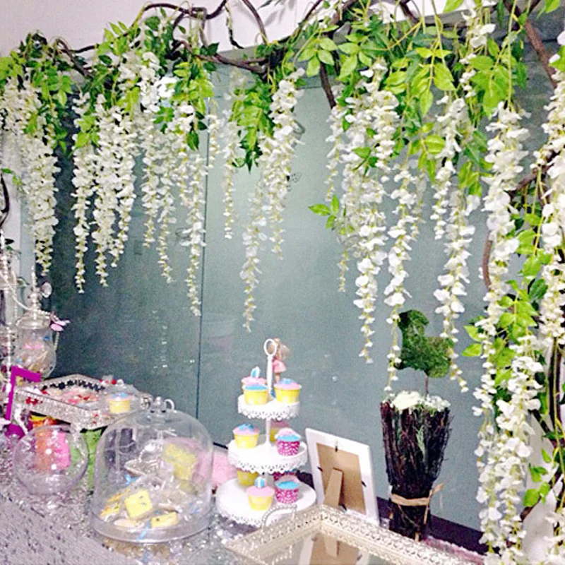 VINFUTUR 2pcs Glycine Artificielle Guirlande de Wisteria Fleur Artificielle Suspendre de Simulation en Soie Décoration de la Maison Mariage Jardin Party Blanc