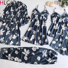 5 шт./компл. Для женщин женская сексуальная сатиновая Ночная сорочка шелковое Ночное платье халат кимоно Ночная рубашка набор нижнего белья с цветочным принтом, одежда для сна, ночной халат Femme