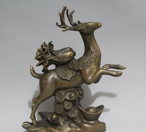 

free 11" Chinese Bronze Cabbage Wealth Yuanbao Spotted Deer Sika Animal Statue fast