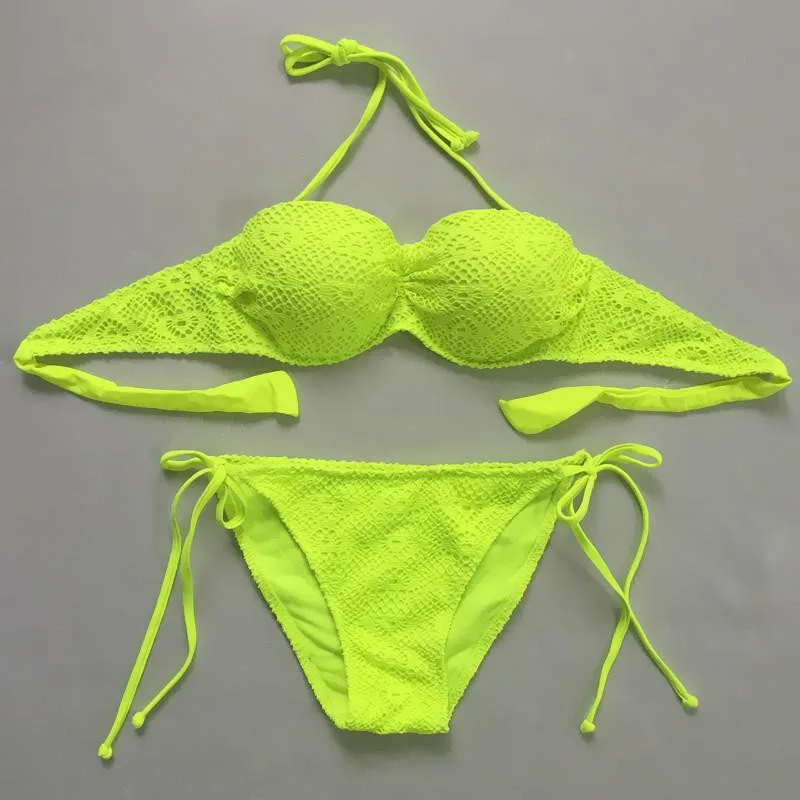 

Women plain sexy bikini women PUSH UP swimwear bandeau Halter top bikini hollow lace swimsuit women Strap Bottoms S-XXL