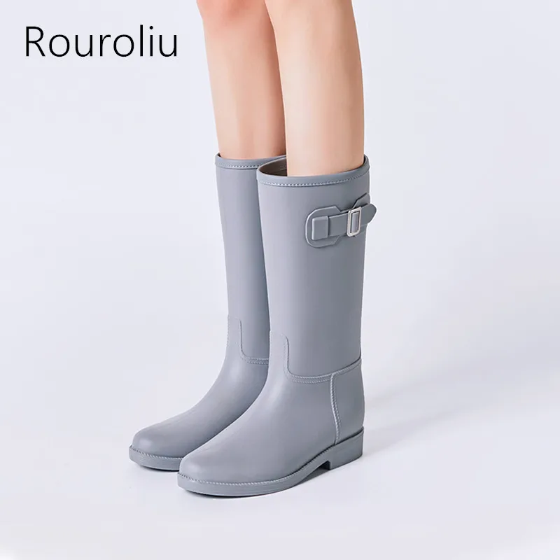 Femmes Rainboots Femme Bottes Rouroliu Chaussures De Boucle Talon D'eau Mi Black Wellies Rt294 Antidérapantes mollet gray Imperméables tea Pluie Carré AwRB7q1