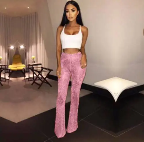 

Women Bell Bottom Long Pants Sequin High Waisted Clubwear Party Knit Trousers Women 2019 Office Lady Workwear Casual Pants