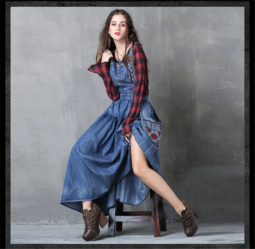 Vintage Autumn Dress Women 2017 Boho New Denim Vestidos Suspender Embroidery Patchwork Pocket Women long Dresses Vestido (10)