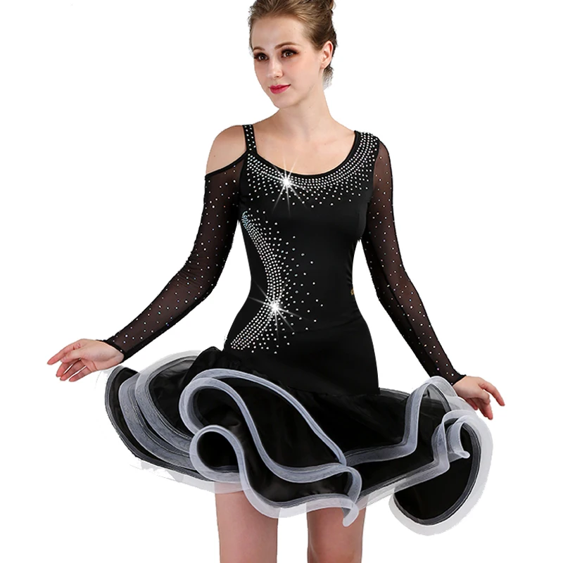 Латинской Конкурс платье для танцев Для женщин взрослых высокое качество мигает Румба Самба Танцы одежда платье для взрослых Черный