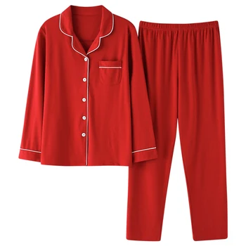

Cotton Pajamas Fot Women Autumn Pyjamas Long Sleeve Turn-down Collar Plus Size Sleepwear Long Tops+Long Pants 2pcs/set Pajamas