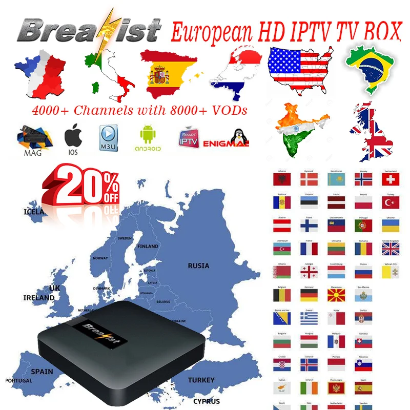 Breakist Box Europe Smart Iptv Италия французская Испания Россия Бразилия арабский индийский