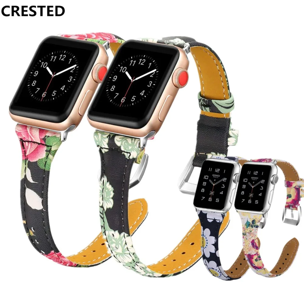 

CRESTED Leather Strap For aplle Apple Watch Band 44mm 40mm Iwatch Series 4 wrist bands link Bracelet Watchband belt correa