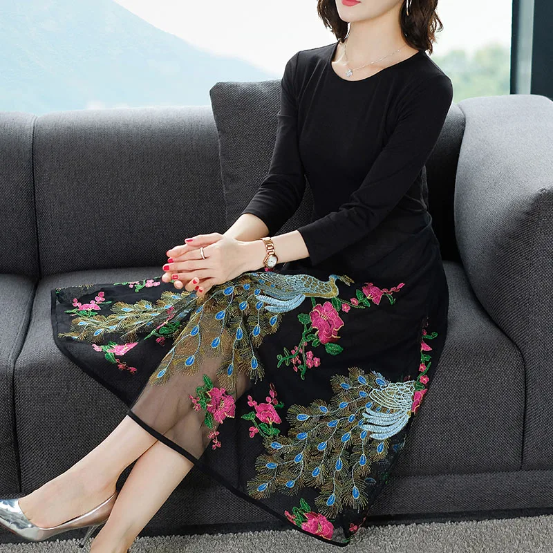 

Plus Size Dress Vintage Peacock Embroidery Women Slim Fit Spring Nine Quarter Sleeve Black Mesh Midi Long Dresses High Quality