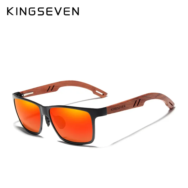 KINGSEVEN Design Handmade Natural Bubinga Wooden+Aluminum Sunglasses Men Polarized Fashion Sun Glasses Square UV400 Gafas De Sol Black Red