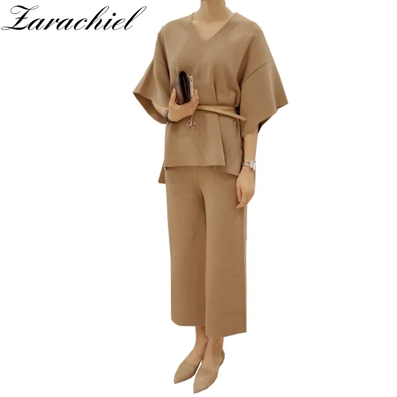 

2019 Autumn Winter Wool Knitted Pant Set Women V Neck Loose Sweater Batwing Sleeve Sashes Pullover Top+Wide Leg Pant 2-piece Set