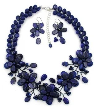 

new lapis lazuli and freshwater pearl wrap Flower Necklace Jewelry for wedding