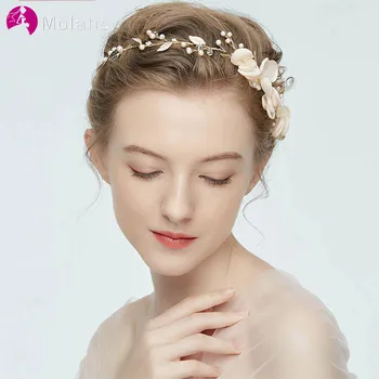

MOLANS Manual Customized Flower Hairband for Bridal Wedding Accessories Gorgeous Fabric Floral Gold Leaf Pearl Women Hairbands