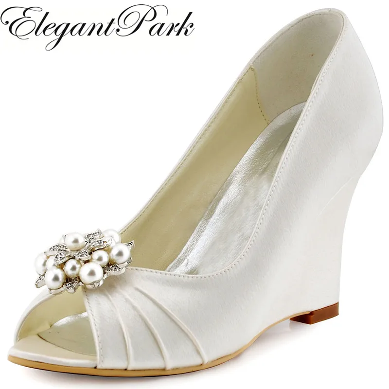

Women Wedges High Heel Navy Blue Ivory Wedding Bridal Shoes Pearls Clips Satin Bride Lady Bridesmaid Prom Evening Pumps WP1549