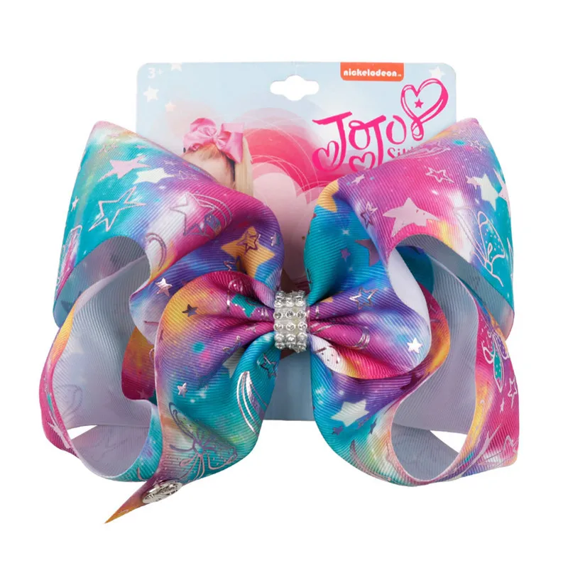 

8" Large JoJo Bow with Hair Bow for Girls Handmade Printed Cartoon Hair Bows Rainbow Horse Girls Rhinestone Hair Accessories