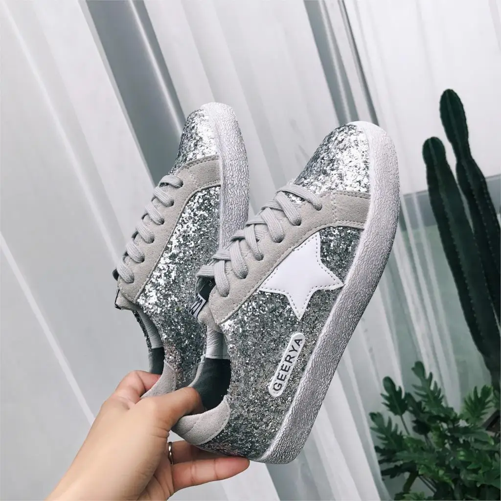 

2018 Superstars Small White Dirty Shoes Glitter Espadrilles Lace Up Creepers Bling Star Oxford Shoes Women Loafers