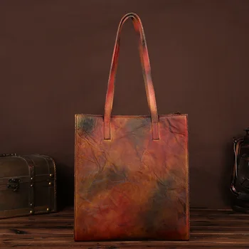 

2019 New retro style high capacity women handbag genuine leather charming shoulder bag handmade shopping bag