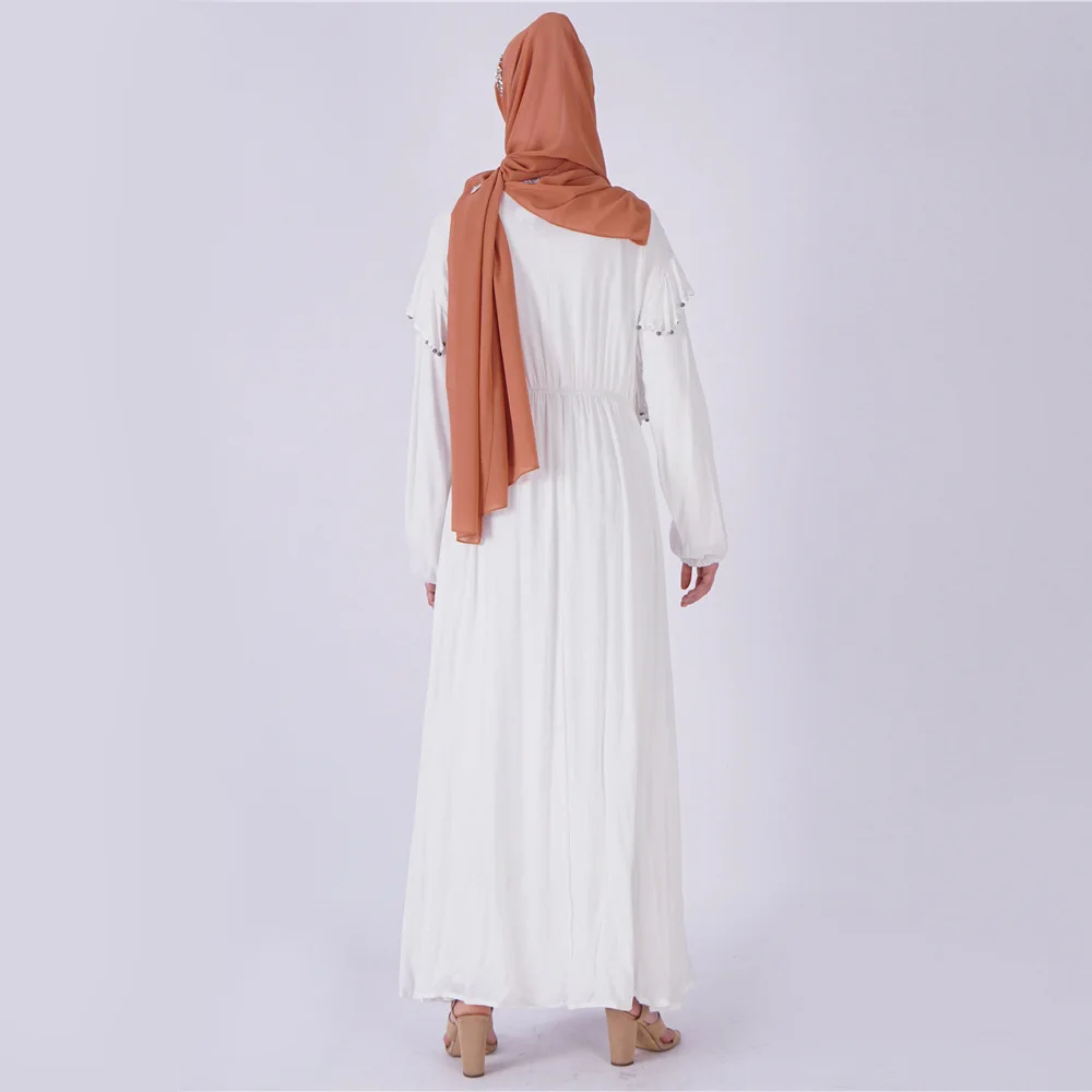Black White Abaya Kimono Women Muslim Maxi Dress Femme Dubai Turkish Turkey Bangladesh Kaftan Pearl Robe Islamic Clothing