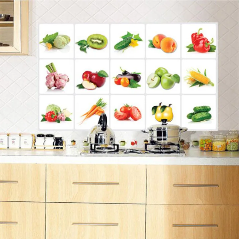 2018 New 3D DIY Vinyl Oil-proof Kitchen Wall Stickers Vegetable Fruit Poster Tile Mural Home Decoration Removable Wall Decals