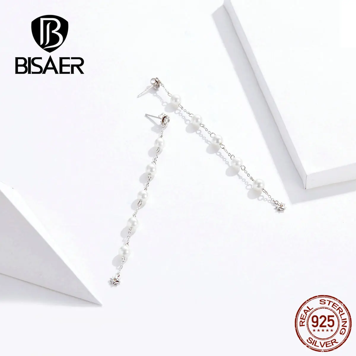 BISAER, длинные серьги-Цепочки, 925 пробы, серебро, Пресноводный Жемчуг, кисточка, серьги-гвоздики для женщин, свадебные, обручальные ювелирные изделия EFE185