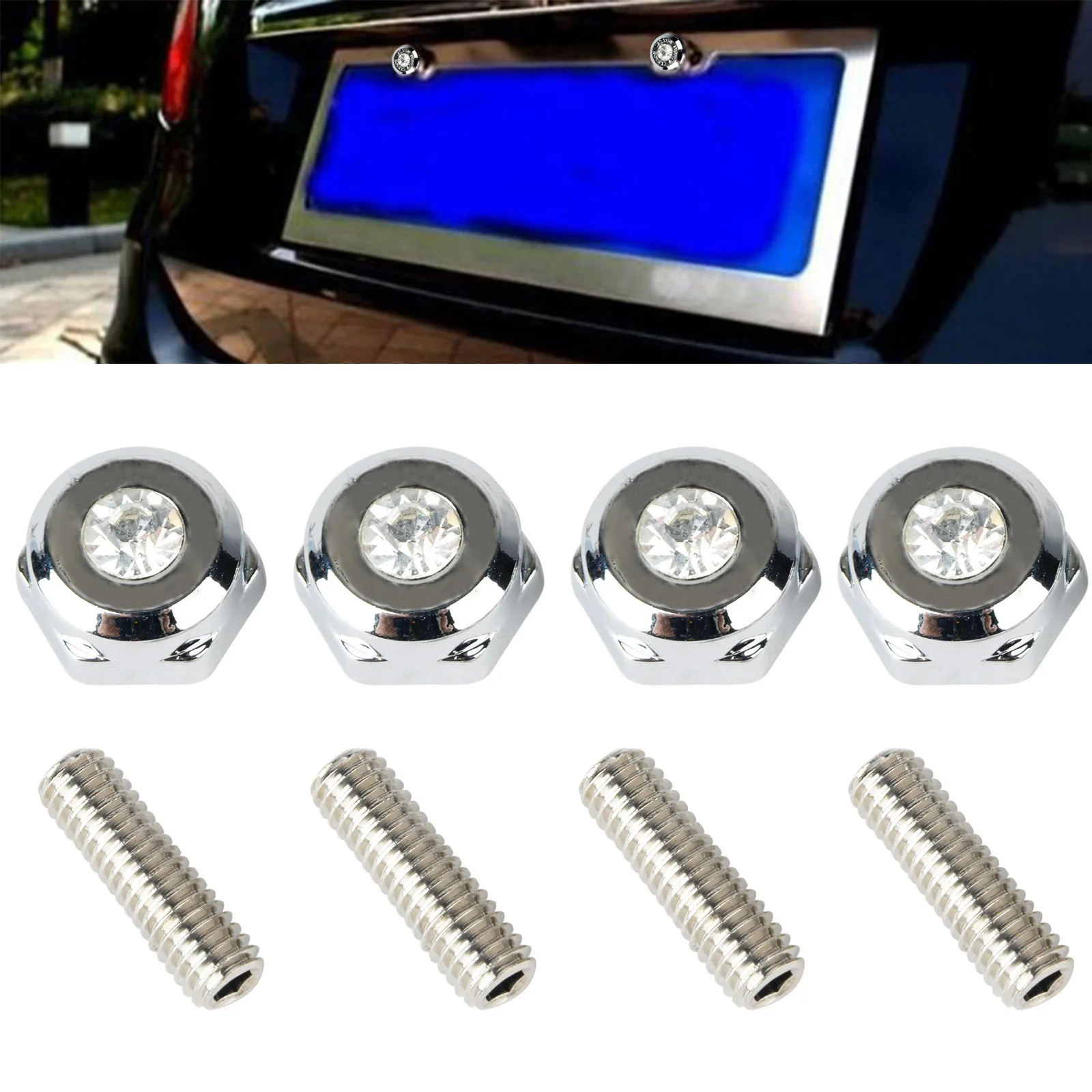 4pcs/Set Universal White Crystal Car License Plate Frame Bolt Screw