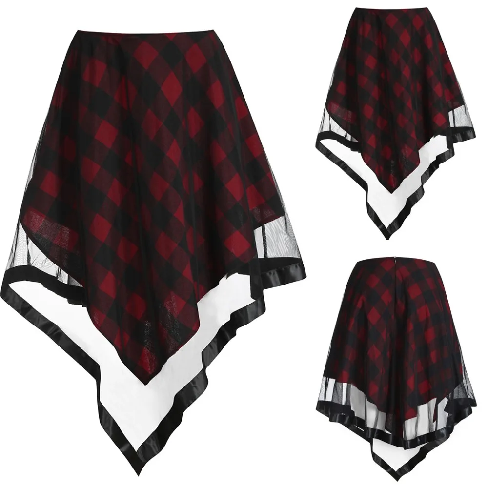 

2019 New Womens Skirts Plus Size Women Fashion Skirts Fashion Casual Sexy Perspective Lace Splice Plaid Skirt 19March19