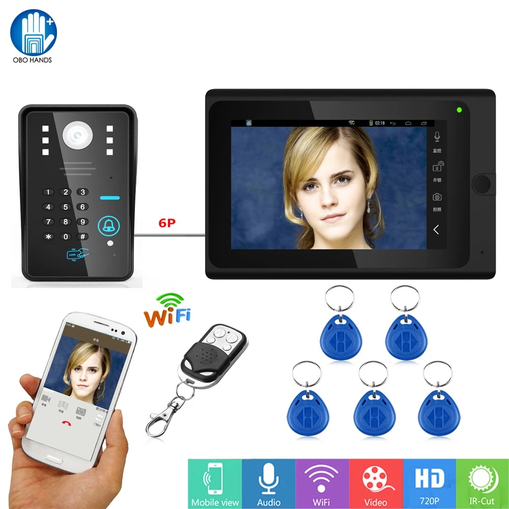 

7'' Wifi Video Door Phone Intercom System Video Door Bell with IR Camera + Remote Control+5pcs RFID Keyfobs Cards for Home Safe