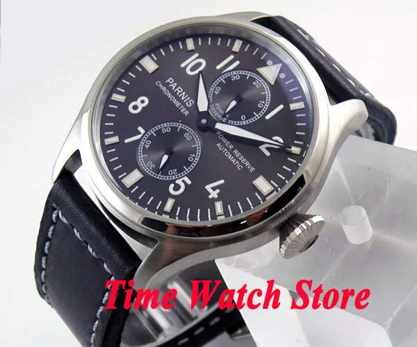 

Parnis 47mm dial luminous power reserve black leather strap ST2542 Automatic Self-Wind movement Men's watch 273