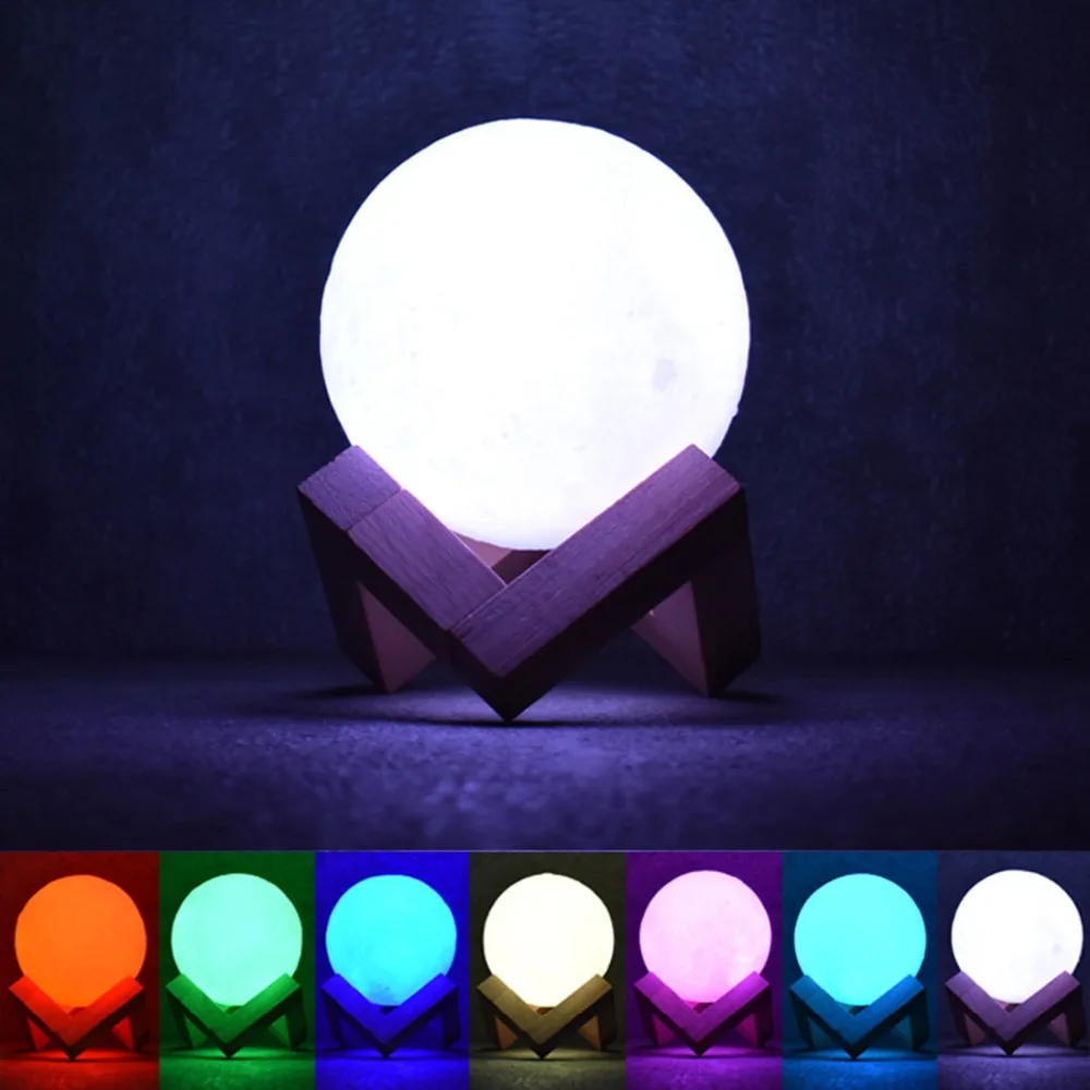  Rechargeable 3D Lights Print Moon Lamp 3 Color & 7 Color Change Touch Switch Bedroom Bookcase Decor - 32862464246