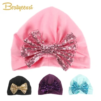 

Sweet Baby Girl Hat with Sequin Bow Elastic Cotton Baby Beanie Cap Candy Color Sparkle Infant Hats for Girls 1 PC