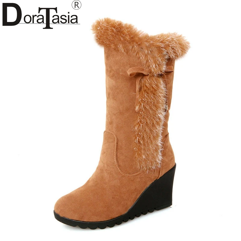

DoraTasia Women Snow Boots Fashion Warm Fur Shoes Woman High Heel Wedge Platform Half-knee High Boots Female Slip On Shoes