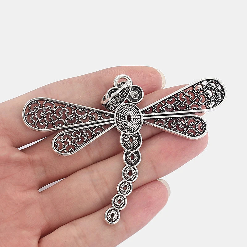 

2pcs Fashion Silver Animal Dragonfly Carved Flower Drop Pendant For Jewelry Marking Necklace Findings