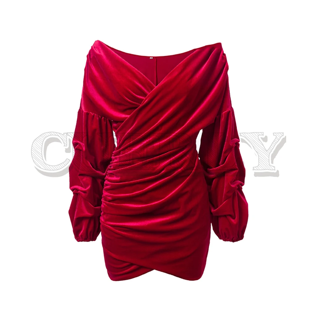 

CUERLY Christmas sexy off shoulder cross velvet women dress plus size Vintage puff sleeve mini dress Elegant autumn dress