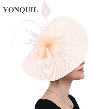 

Ladies big champagne derby fascinator hat hair accessories formal wedding fedora cap for ladies bridal headdress feather flower