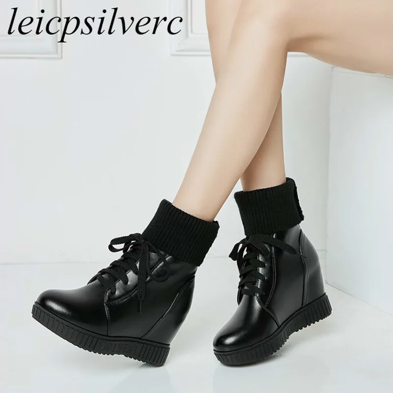 

Women Boots Autumn Winter High Heel Warm Pu Platform Lace Up Mid-calf Motorcycle Shoes 2018 Sexy New Fashion Casual White Black