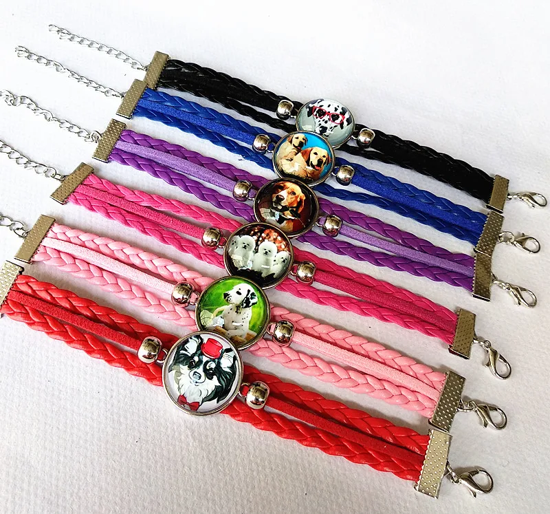 24 шт./лот(смешанный 6 моделей) собака Браслеты Круглый Стекло кабошон Мультфильм кожаный браслет для девочек