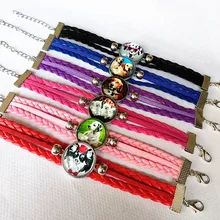 24 шт./лот(смешанный 6 моделей) собака Браслеты Круглый Стекло кабошон Мультфильм кожаный браслет для девочек