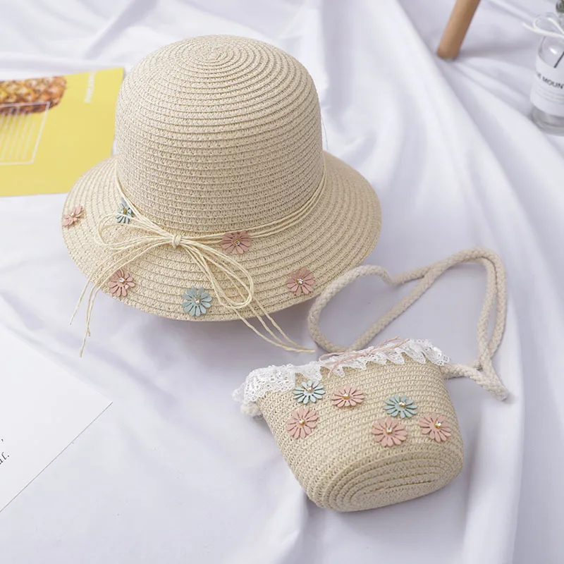Детский пляжный набор игрушек для детей воздухопроницаемая Кепка соломенная шляпа от солнца+ сумочка соломенная сумка Модная новейшая Милая соломенная шляпа для путешествий