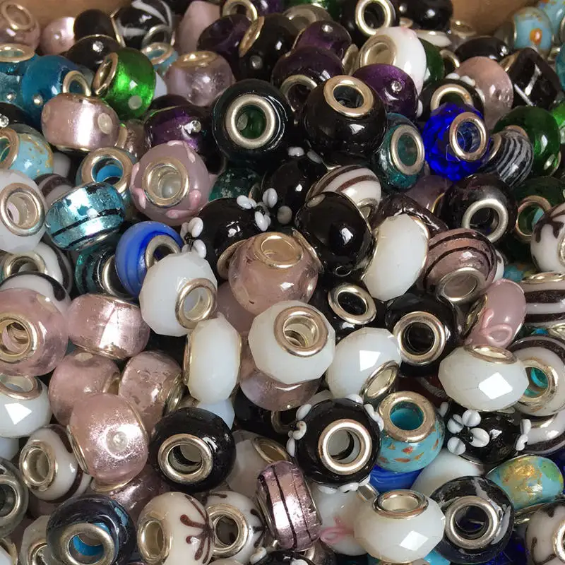100Pcs Spacer Charm European Beads Glass Big Hole Mixed Random Patterns Fit DIY Bracelet Jewelry Finding