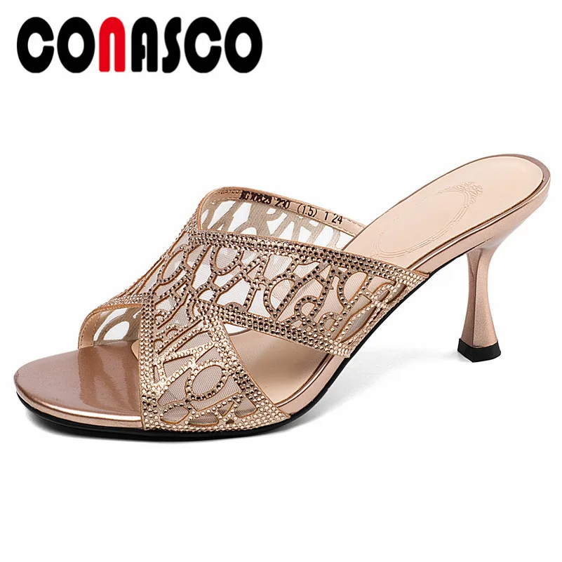 

CONASCO Summer Fashion Sexy Hollow Women Sandals Blingbling Thin Heels Party Shoes Woman 2019 New Slip On Basic Night Club Shoes