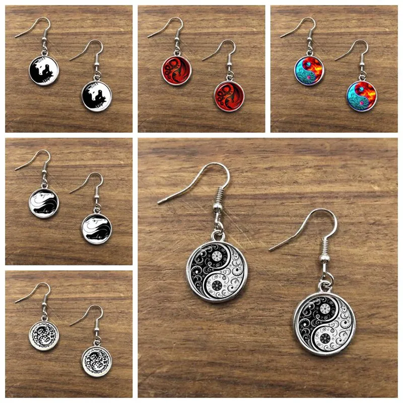 New Classic Tai Chi Yin Yang Drop Earrings Round Glass Art Black White Design Ethnic For Women Gift Jewelry | Украшения и