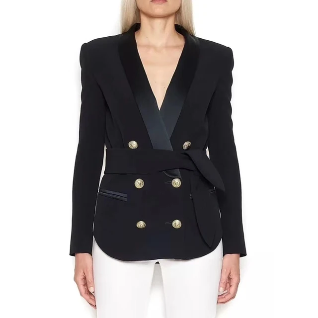 HIGH STREET Newest Fashion 2024 Designer Blazer Women's Shawl Collar Double Breasted Metal Buttons Belt Blazer Jacket 2