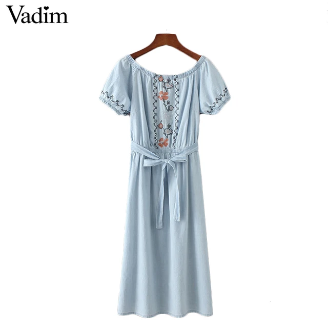 Vadim женщины сексуальная слэш шеи вышивка denim dress пояса с коротким рукавом подол сплит лето повседневные платья midi vestidos qz3024