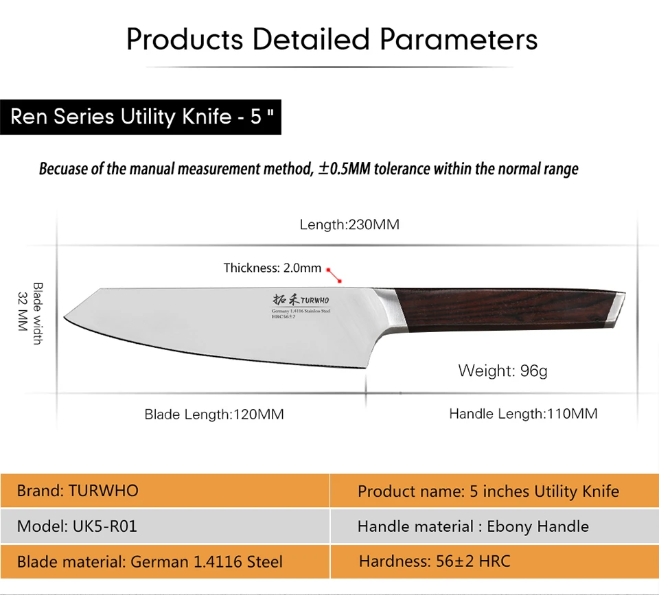 TURHWO 5'' Utility Knife Kitchen Knives DIN 1.4116 Steel Newarrive Super Sharp Steel Paring Knife Ebony Handle